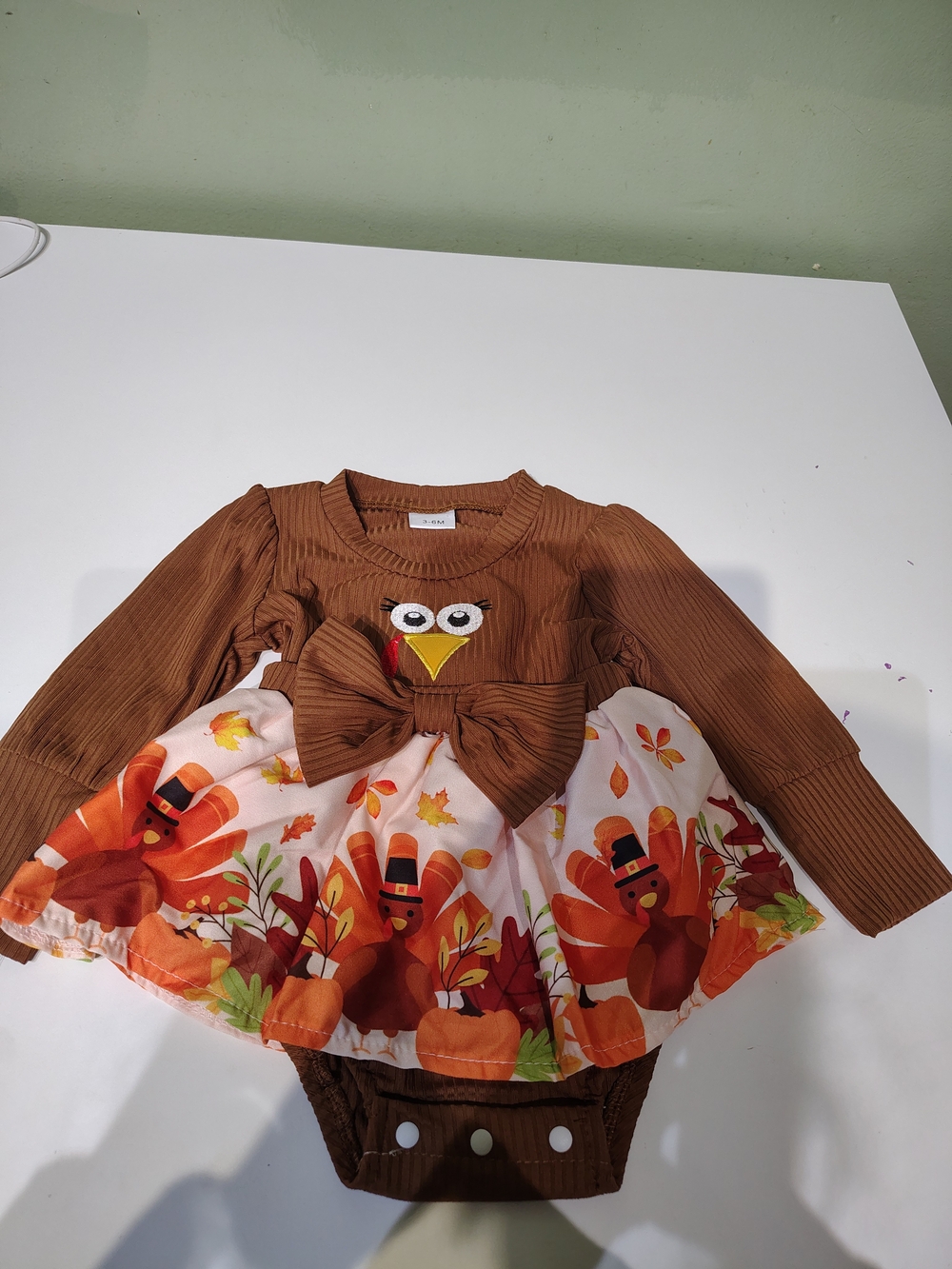Baby 3-6 Months Turkey Outfit Long Sleeve Bodysuit Thanksgiving Fall Girls Brown